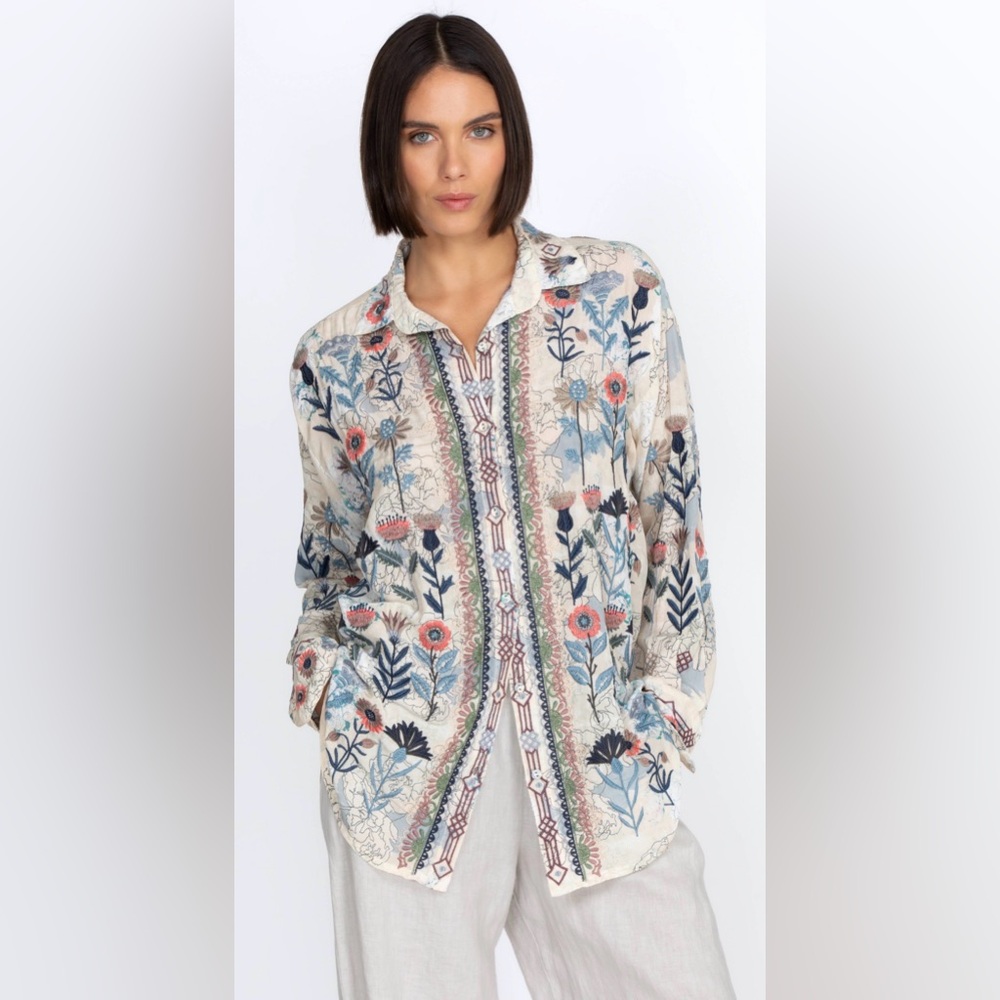Biya JOHNNY WAS Silk Floral Embroidery Button Up Fields Blouse